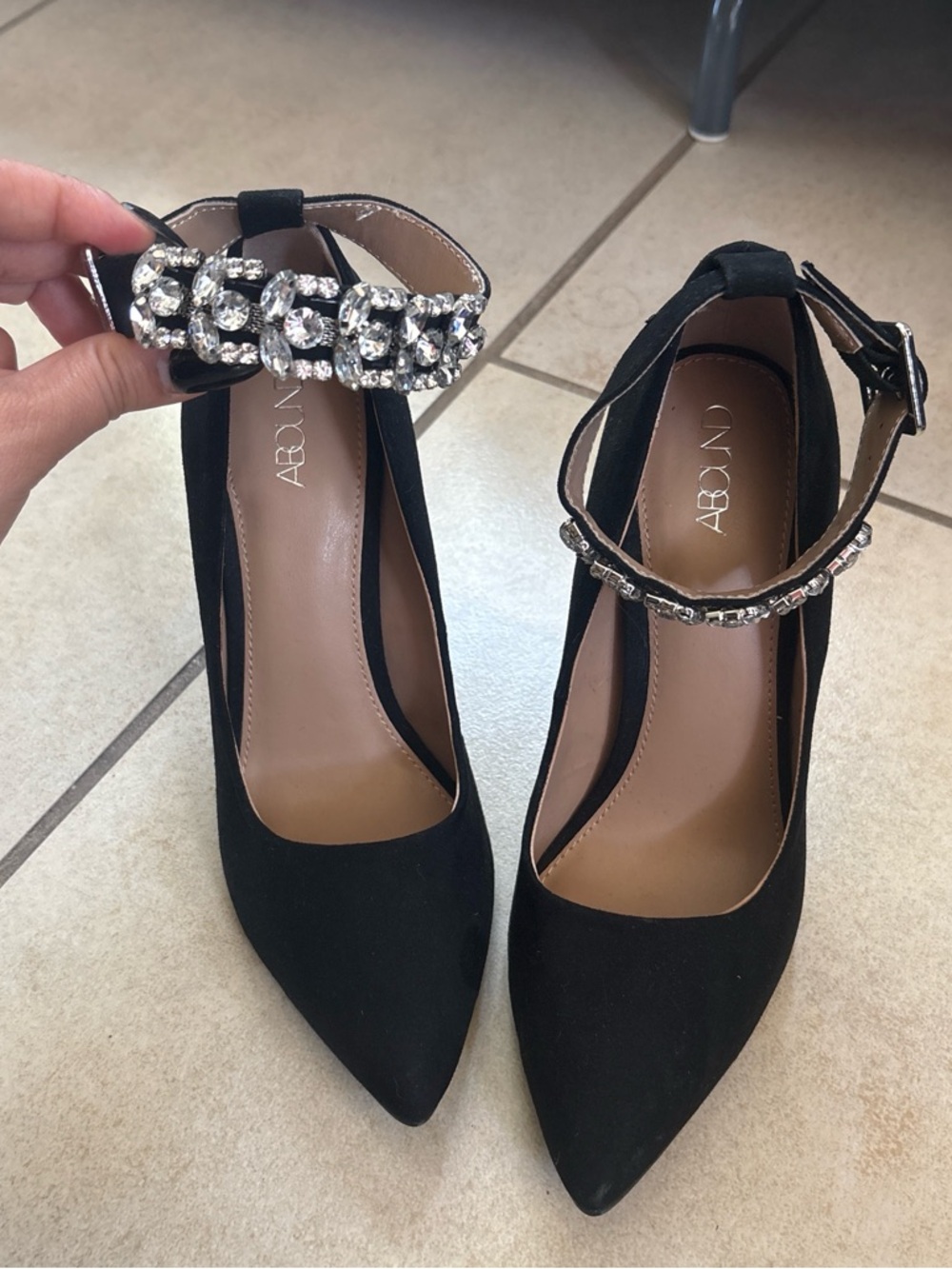 Abound Black Suede Pointed Toe Ankle Strap Pumps with Crystal Accent - Picture 2 of 8